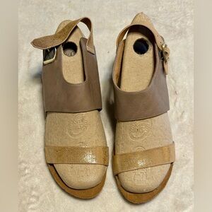 Sofft Tan and Brown Comfort Sandals with Ankle Strap and Small Wedge Heel